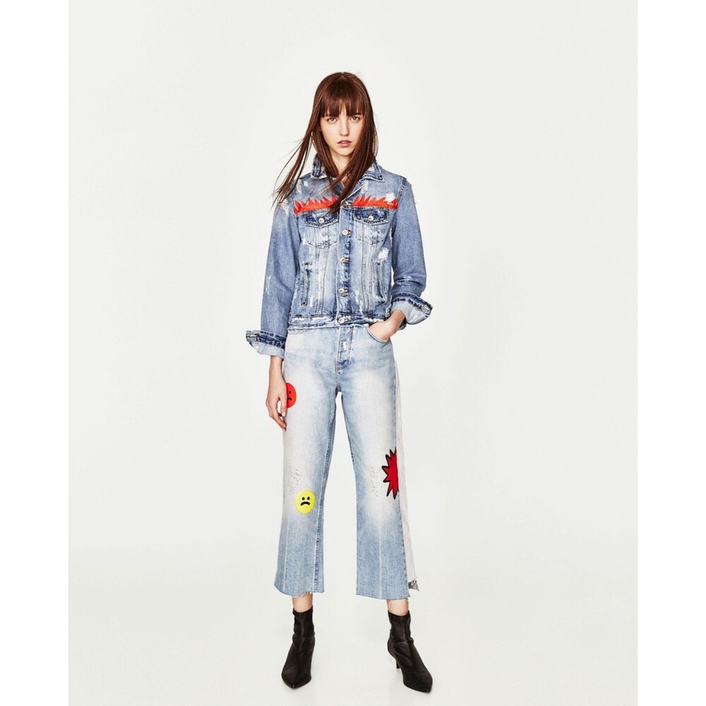 Zara Oil on Denim TRF Cropped Oil Painted Jeans
